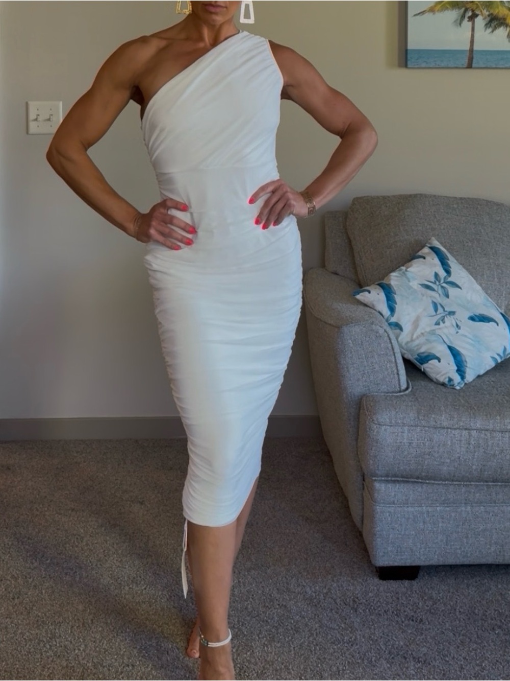 One-Shoulder White Ruched Midi Dress